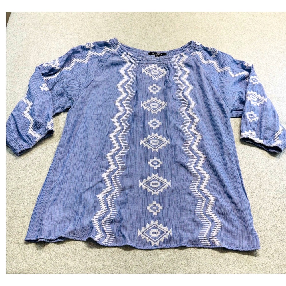 Anne French Women XL Blue White Embroidered Peasant Blouse Boho Peasant Festival